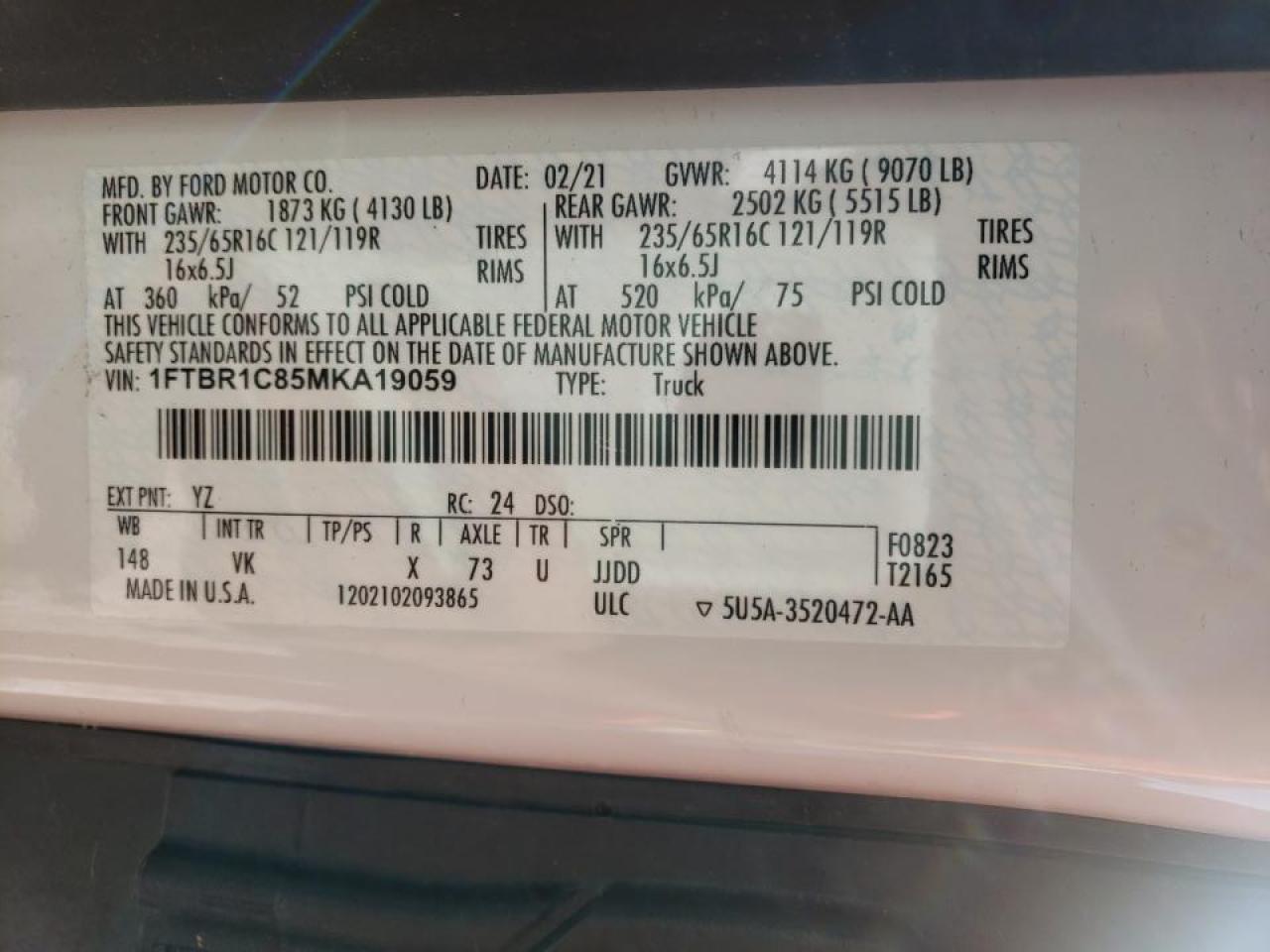 Photo 10 from auction – 2021 FORD TRANSIT T- with VIN 1FTBR1C85MKA19059
