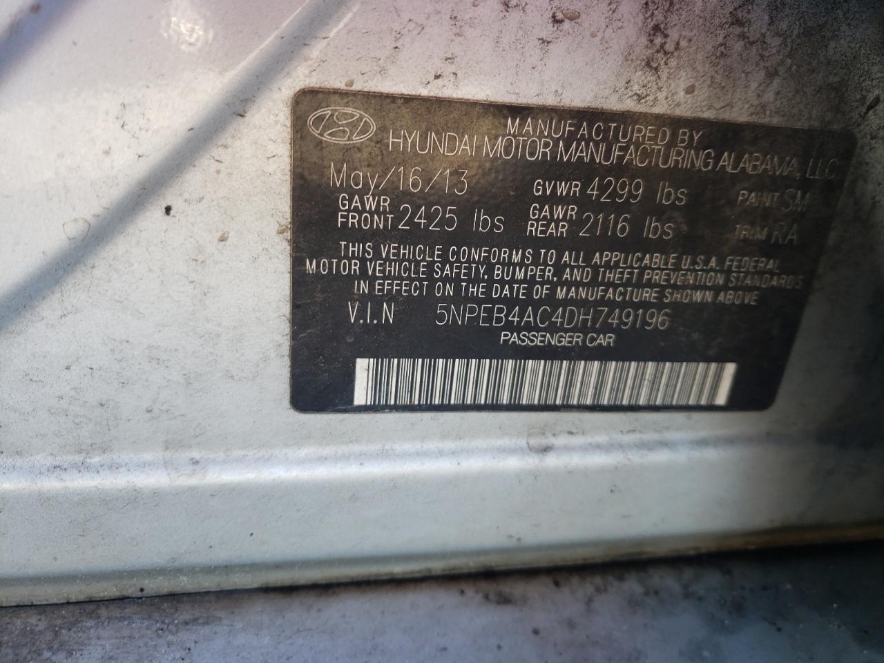 Photo 10 from auction – 2013 HYUNDAI SONATA GLS with VIN 5NPEB4AC4DH749196