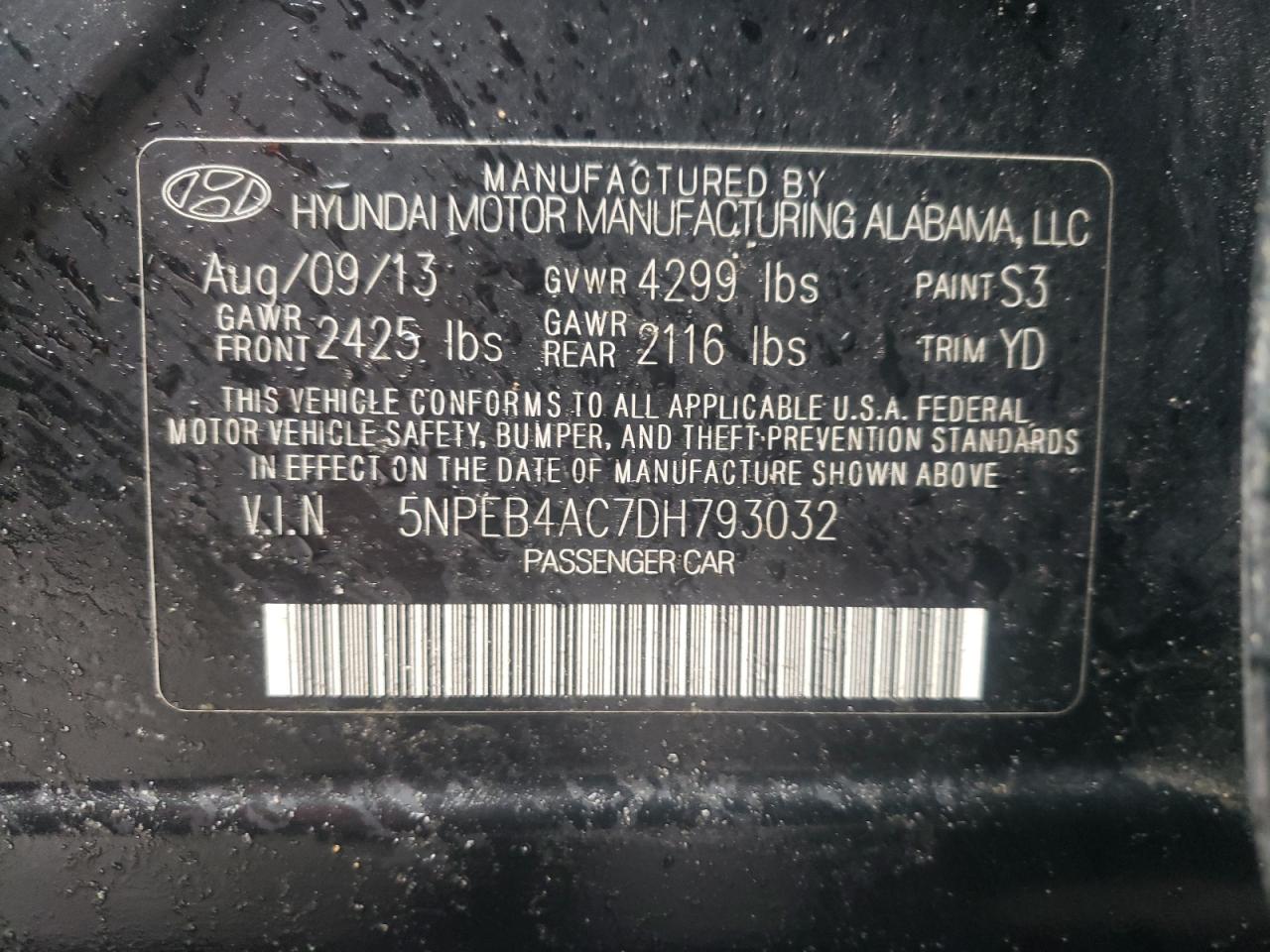 Photo 10 from auction – 2013 HYUNDAI SONATA GLS with VIN 5NPEB4AC7DH793032