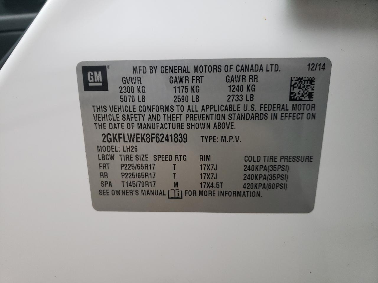 Photo 10 from auction – 2015 GMC TERRAIN SL with VIN 2GKFLWEK8F6241839