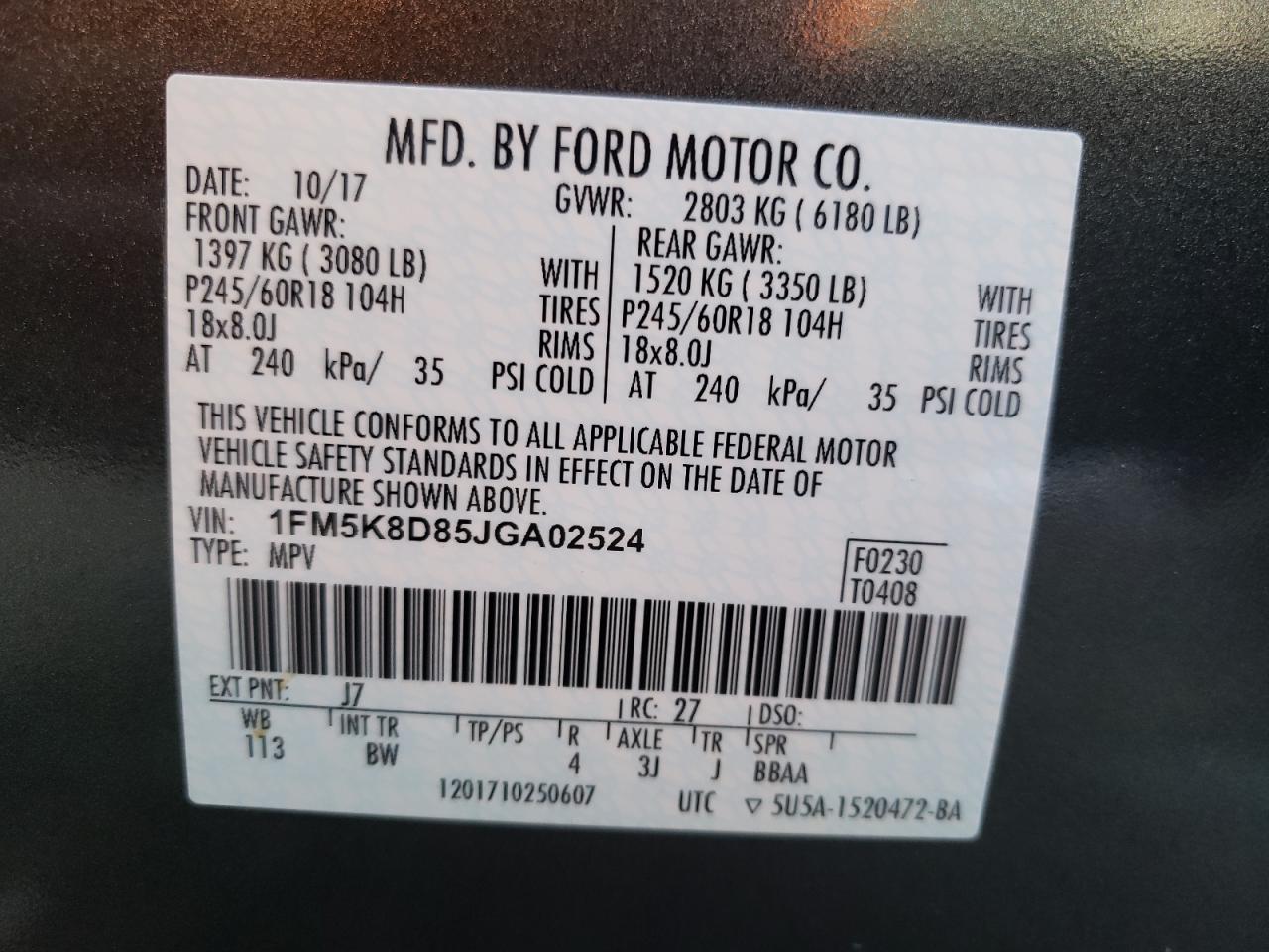 Photo 10 from auction – 2018 FORD EXPLORER X with VIN 1FM5K8D85JGA02524