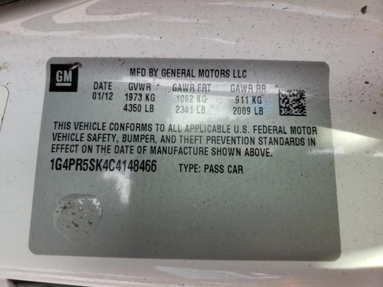 Photo 10 from auction – 2012 BUICK VERANO CON with VIN 1G4PR5SK4C4148466