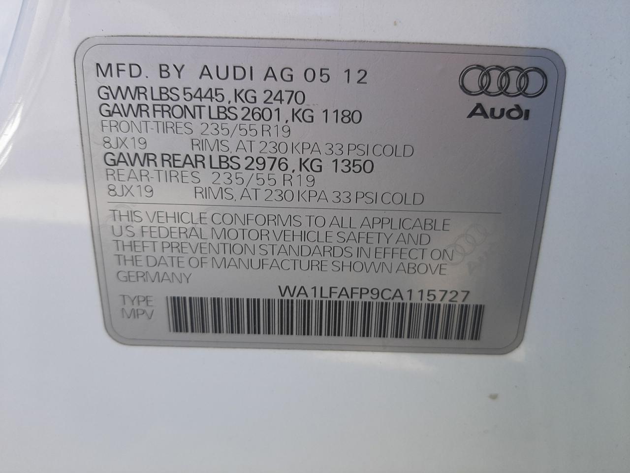 Zdjęcie 10 z aukcji – 2012 AUDI Q5 PREMIUM z VIN WA1LFAFP9CA115727