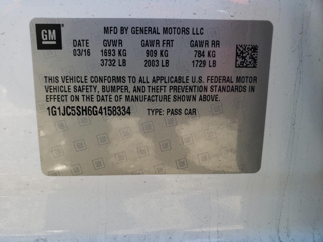 Photo 10 from auction – 2016 CHEVROLET SONIC with VIN 1G1JC5SH6G4158334