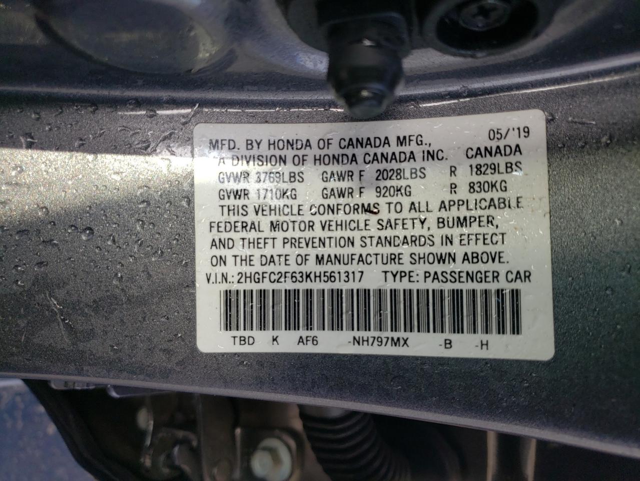 Photo 10 from auction – 2019 HONDA CIVIC LX with VIN 2HGFC2F63KH561317