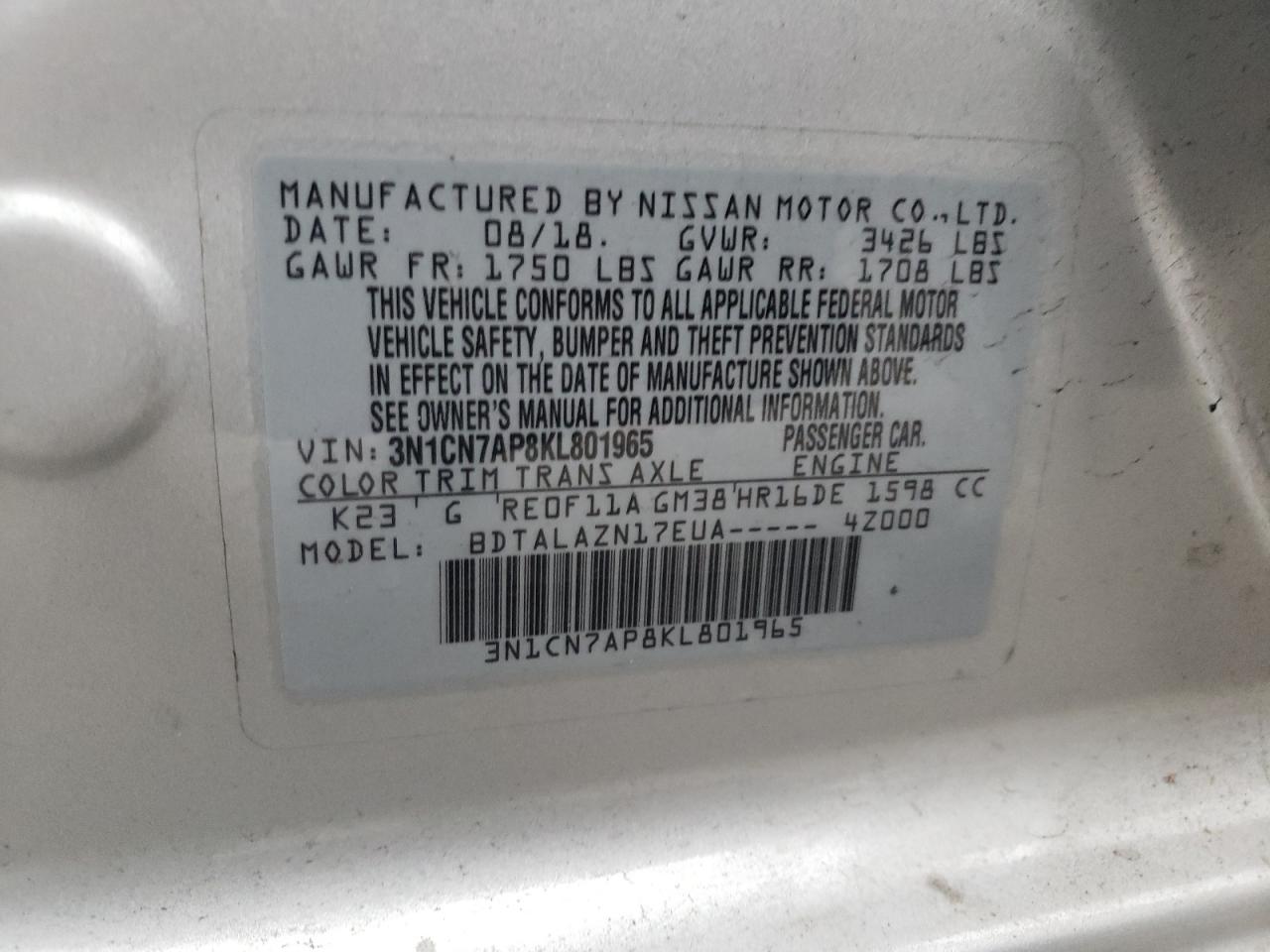 Photo 10 from auction – 2019 NISSAN VERSA S with VIN 3N1CN7AP8KL801965