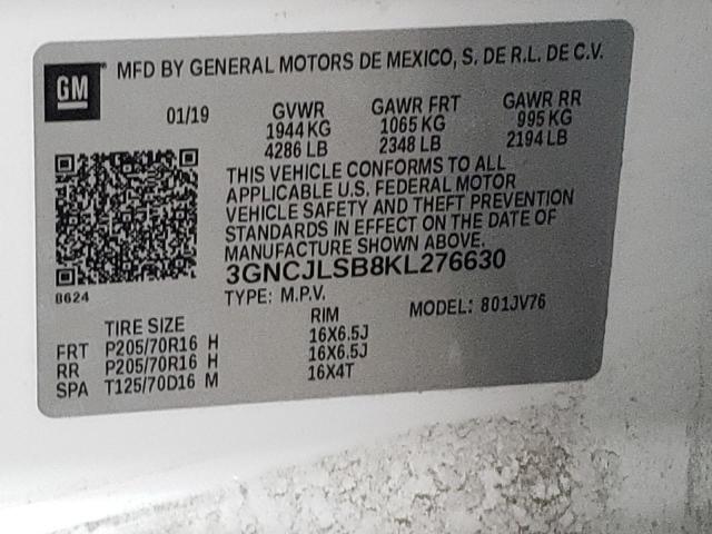 Photo 10 from auction – 2019 CHEVROLET TRAX 1LT with VIN 3GNCJLSB8KL276630