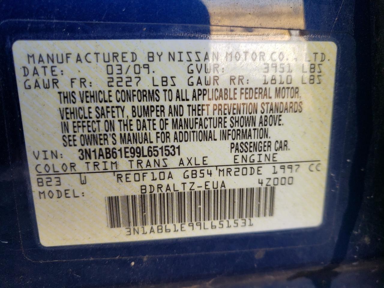 Photo 10 from auction – 2009 NISSAN SENTRA 2.0 with VIN 3N1AB61E99L651531