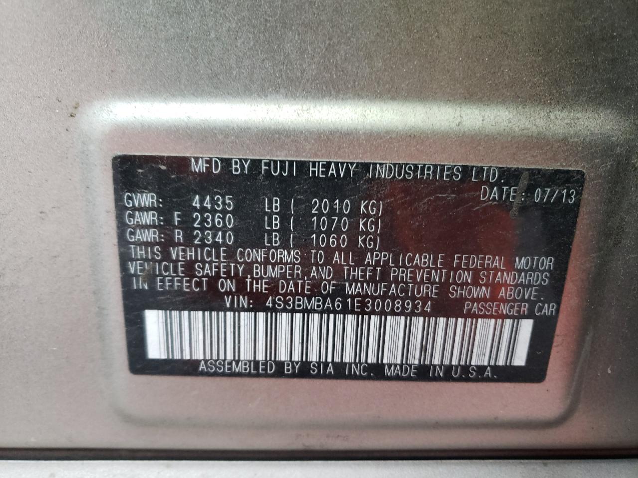 Photo 10 from auction – 2014 SUBARU LEGACY 2.5 with VIN 4S3BMBA61E3008934