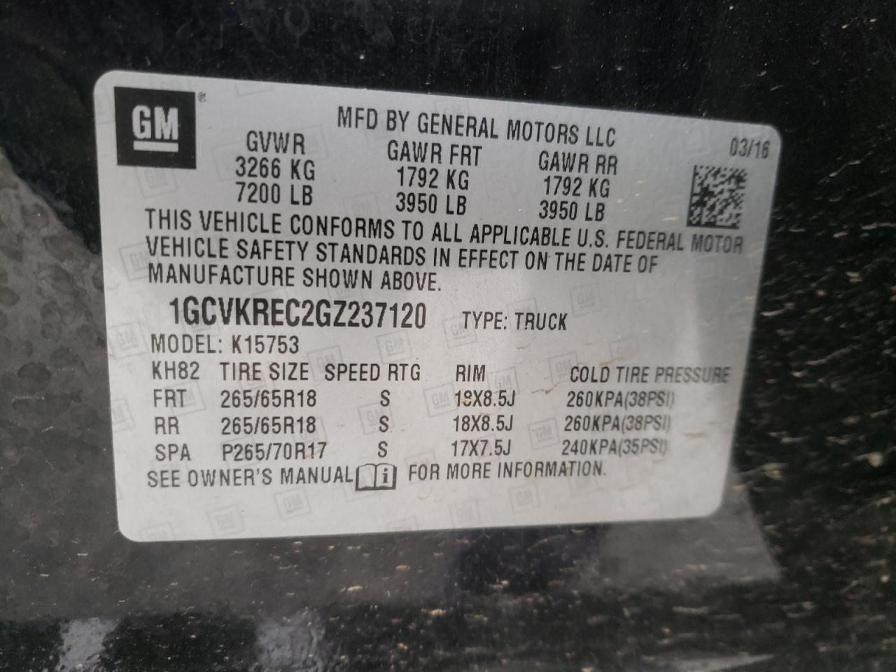 Photo 10 from auction – 2016 CHEVROLET SILVERADO with VIN 1GCVKREC2GZ237120