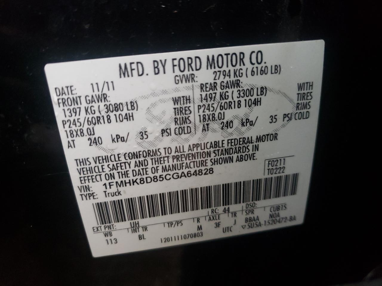 Photo 10 from auction – 2012 FORD EXPLORER X with VIN 1FMHK8D85CGA64828