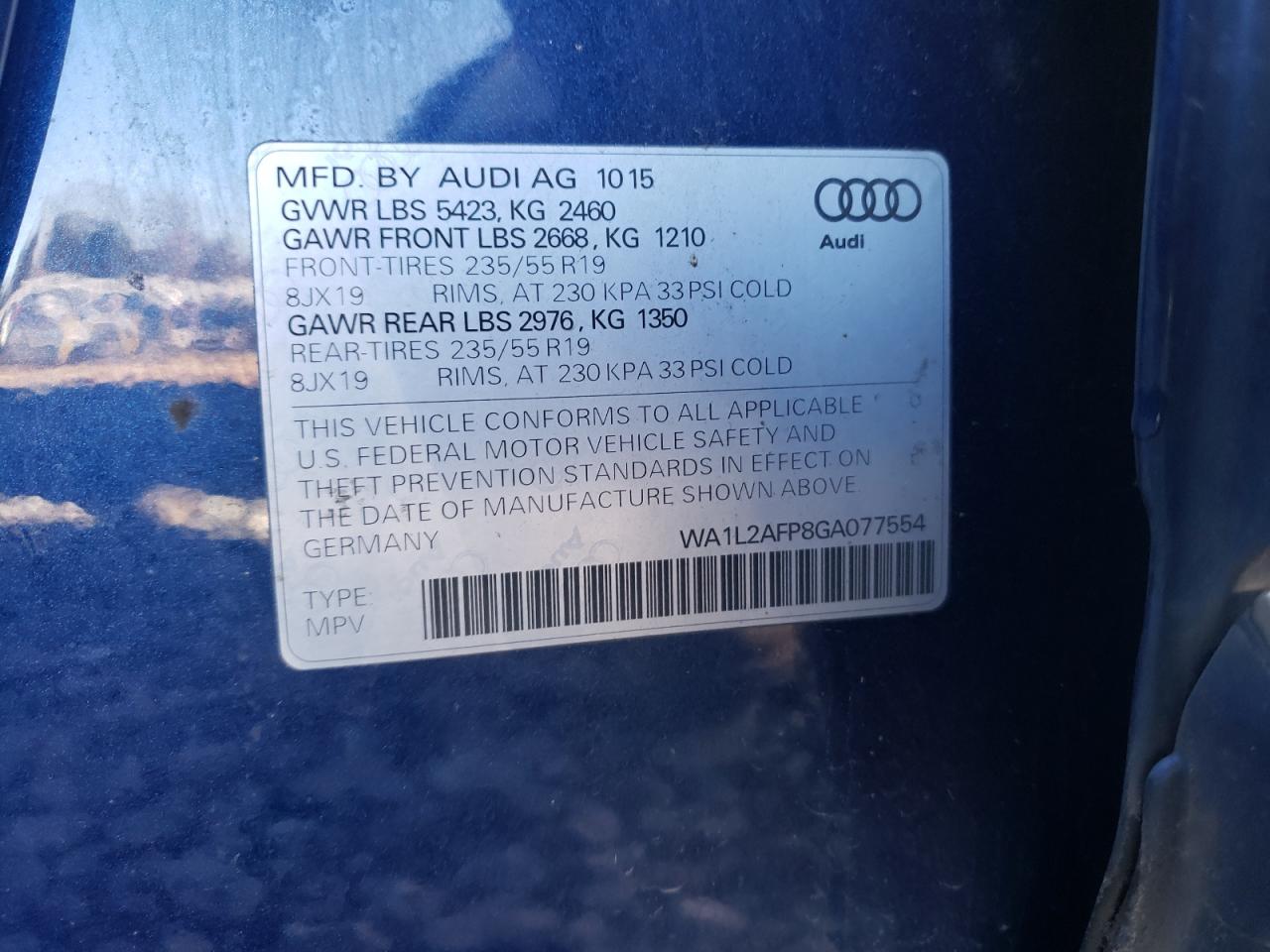 Photo 10 from auction – 2016 AUDI Q5 PREMIUM with VIN WA1L2AFP8GA077554