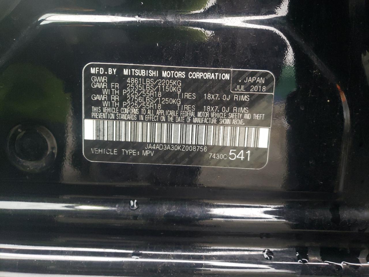 Photo 10 from auction – 2019 MITSUBISHI OUTLANDER with VIN JA4AD3A30KZ008756