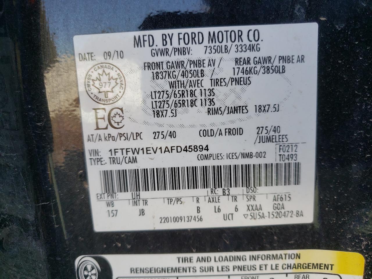 Photo 10 from auction – 2010 FORD F150 SUPER with VIN 1FTFW1EV1AFD45894