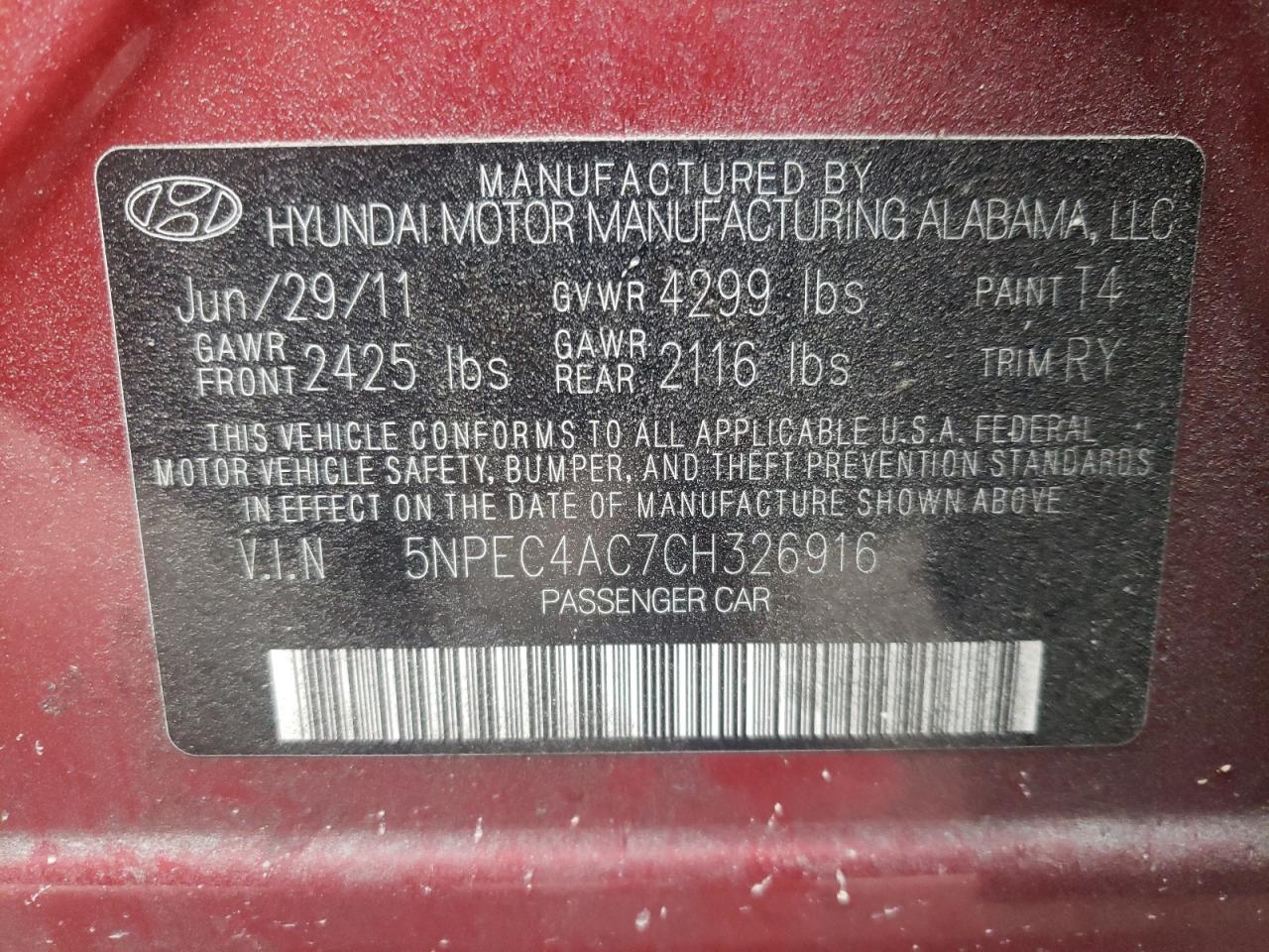 Photo 10 from auction – 2010 HYUNDAI SONATA SE with VIN 5NPEC4AC7CH326916