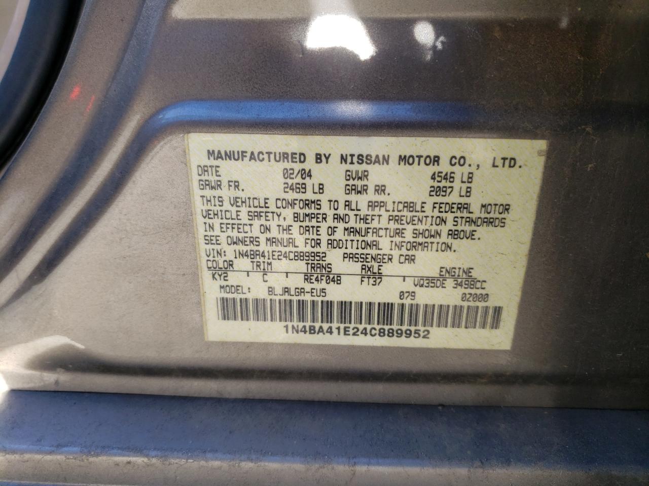 Photo 10 from auction – 2004 NISSAN MAXIMA SE with VIN 1N4BA41E24C889952