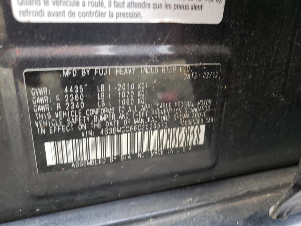 Photo 10 from auction – 2012 SUBARU LEGACY 2.5 with VIN 4S3BMCC66C3026572