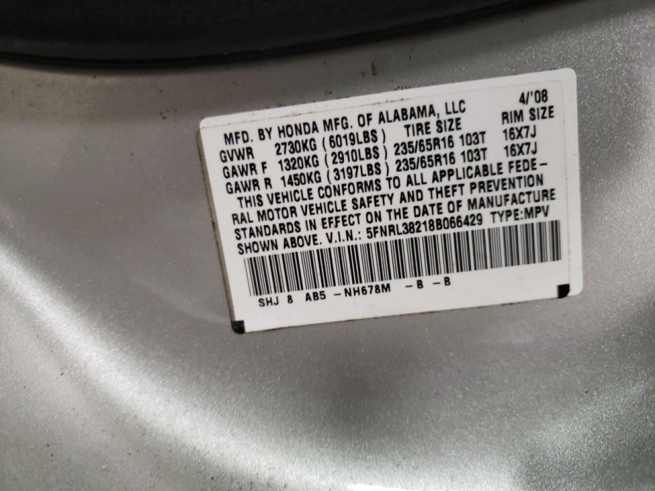 Photo 10 from auction – 2008 HONDA ODYSSEY LX with VIN 5FNRL38218B066429