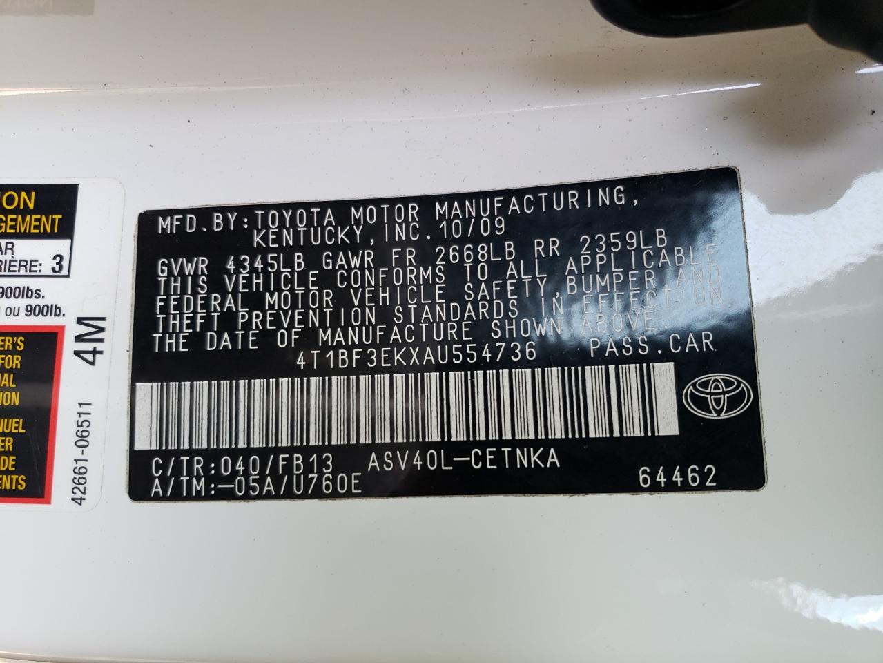 Photo 10 from auction – 2010 TOYOTA CAMRY BASE with VIN 4T1BF3EKXAU554736