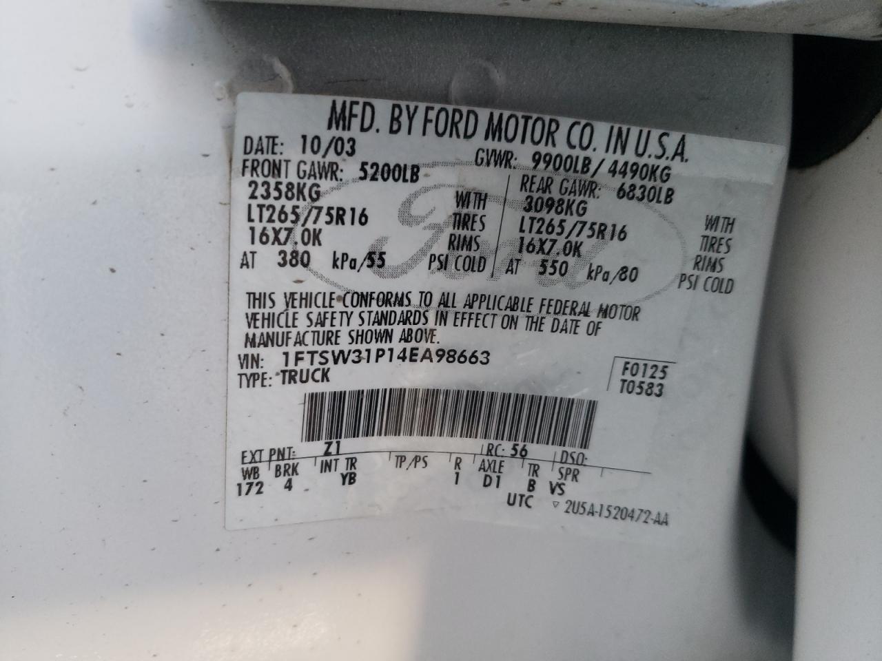 Photo 10 from auction – 2004 FORD F350 SRW S with VIN 1FTSW31P14EA98663