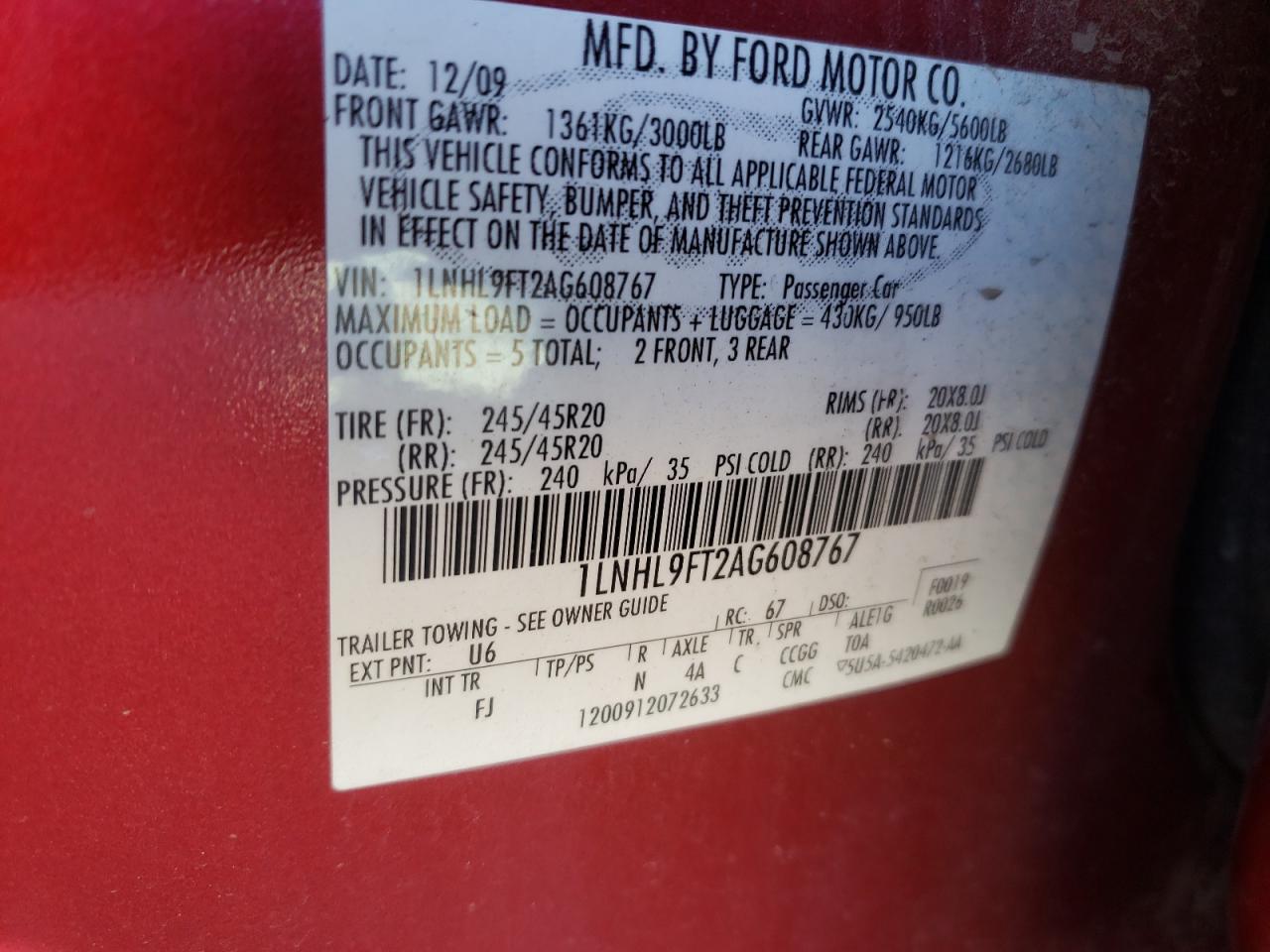 Photo 10 from auction – 2010 LINCOLN MKS with VIN 1LNHL9FT2AG608767