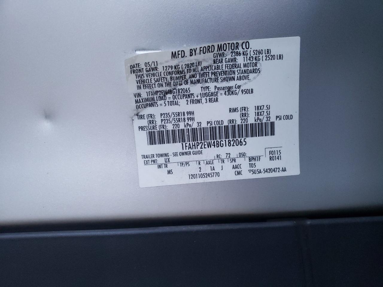 Photo 10 from auction – 2011 FORD TAURUS SEL with VIN 1FAHP2EW4BG182065