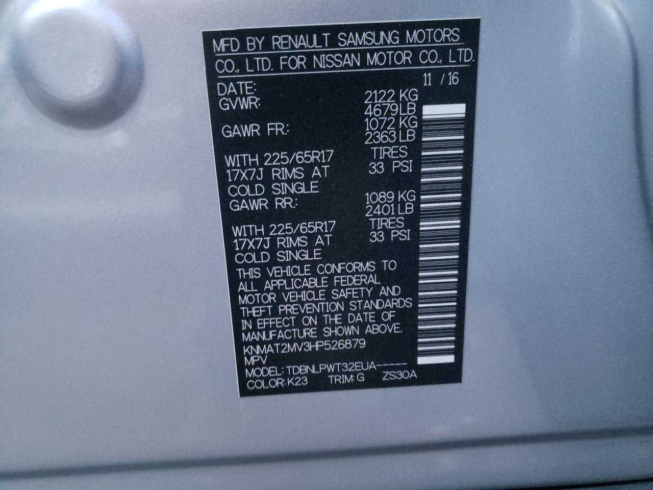 Photo 10 from auction – 2017 NISSAN ROGUE S with VIN KNMAT2MV3HP526879
