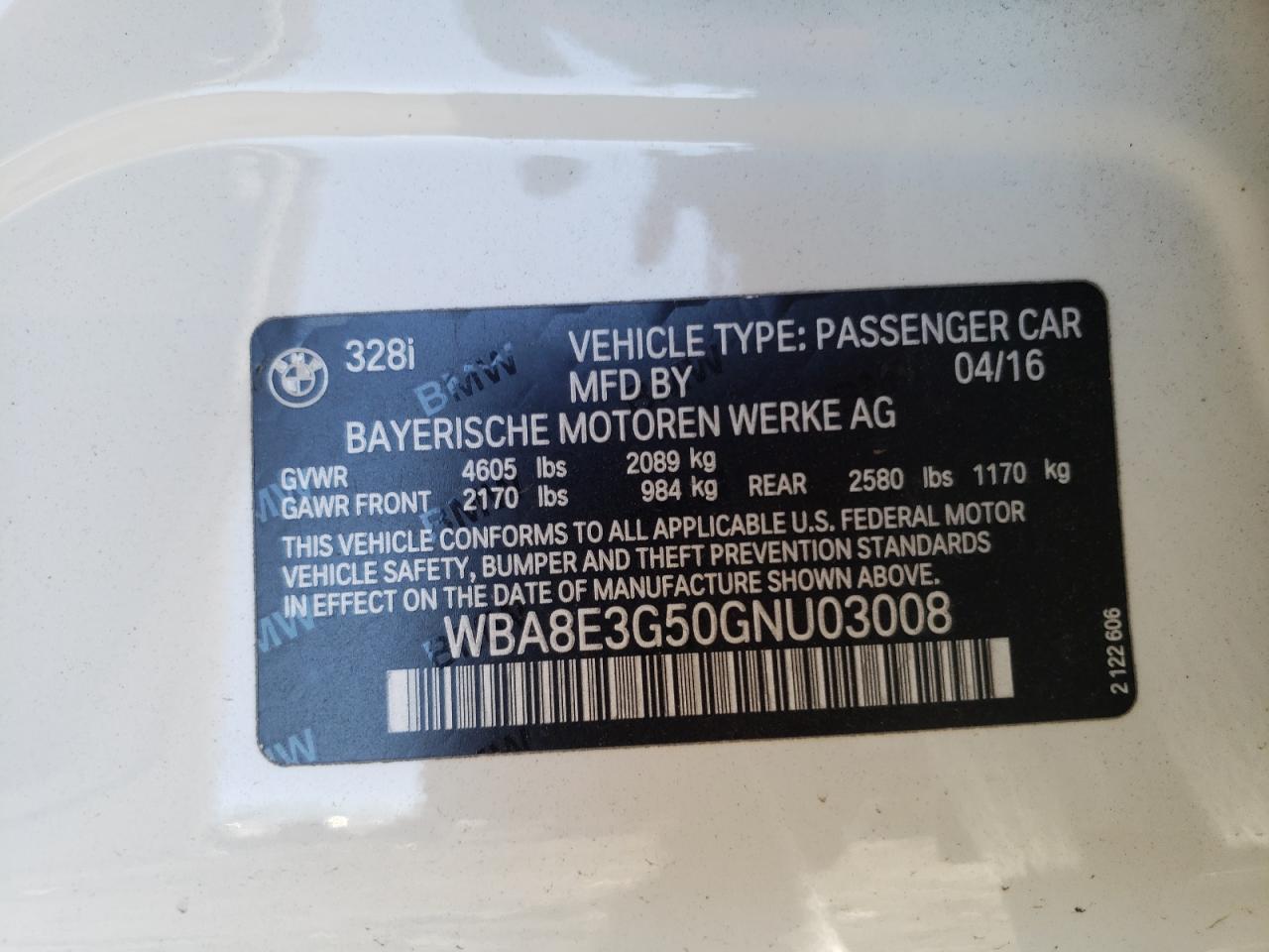 Photo 10 from auction – 2016 BMW 328 XI SUL with VIN WBA8E3G50GNU03008