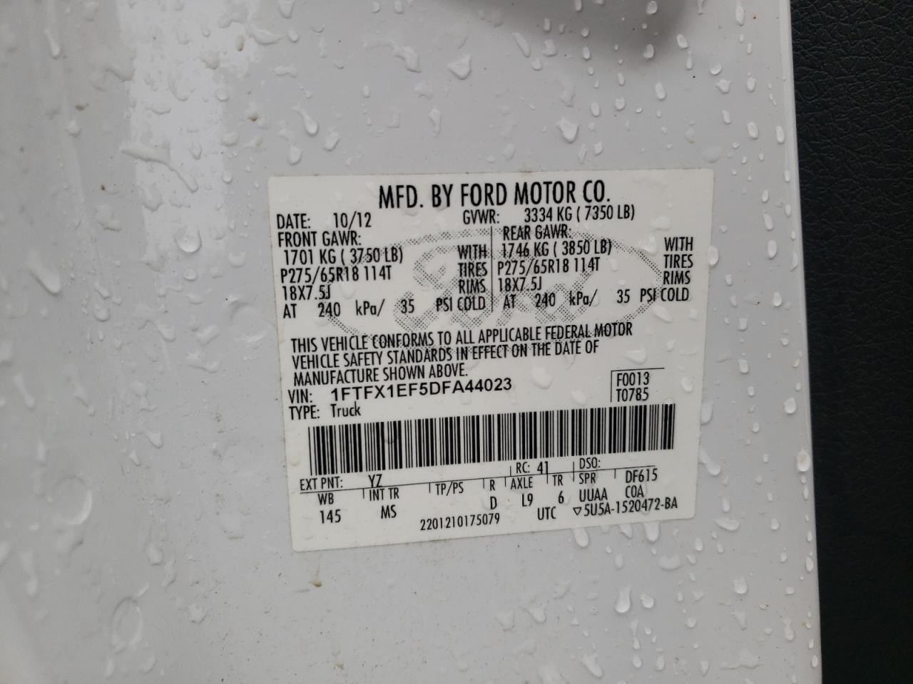 Photo 10 from auction – 2013 FORD F150 SUPER with VIN 1FTFX1EF5DFA44023