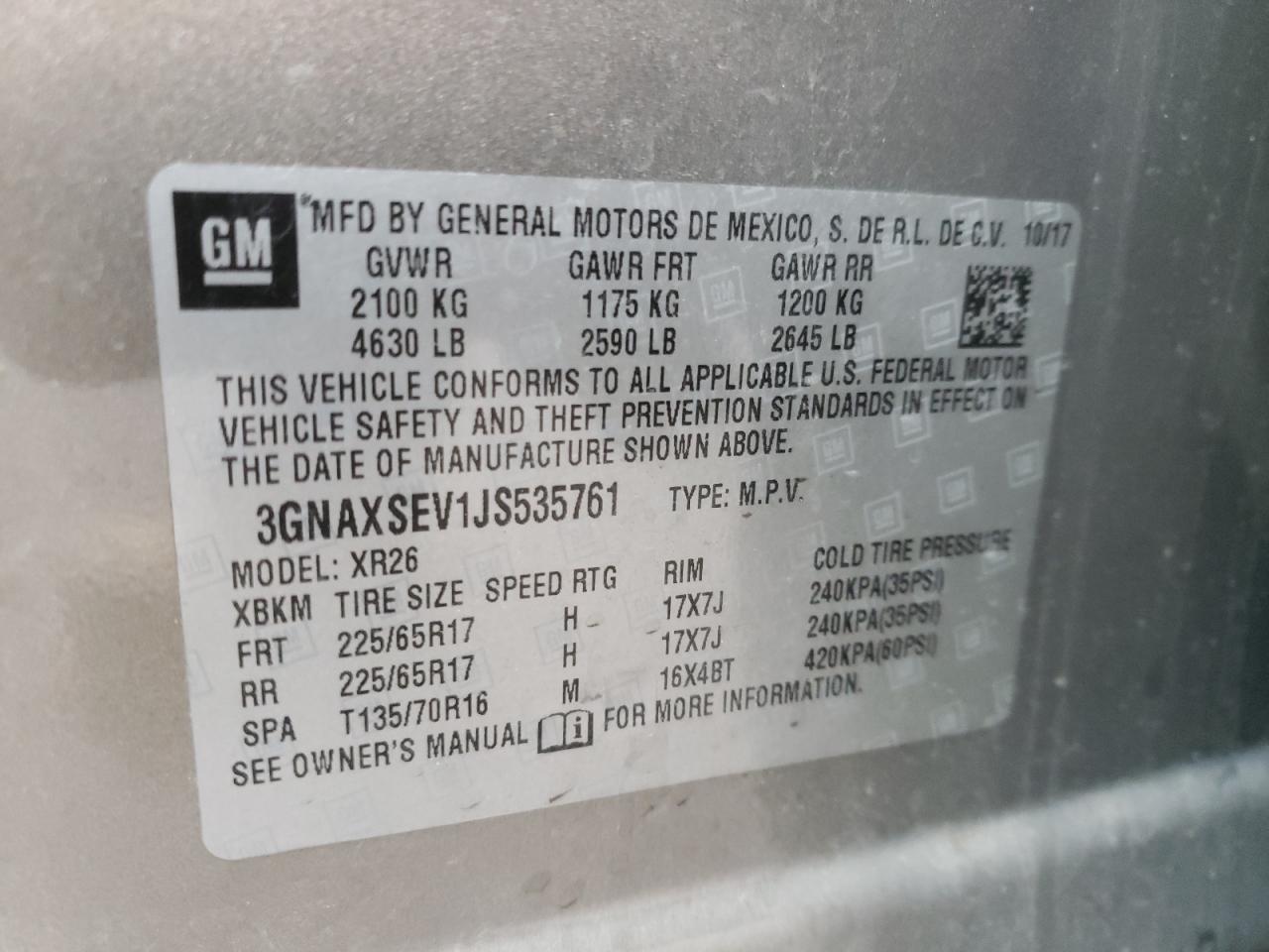Photo 10 from auction – 2018 CHEVROLET EQUINOX LT with VIN 3GNAXSEV1JS535761