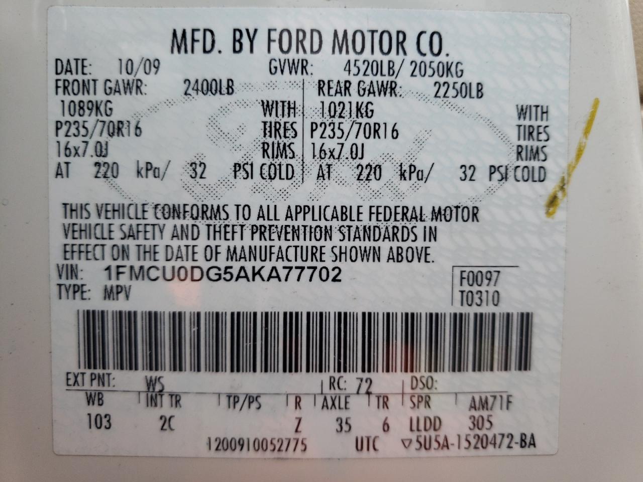 Photo 10 from auction – 2010 FORD ESCAPE XLT with VIN 1FMCU0DG5AKA77702