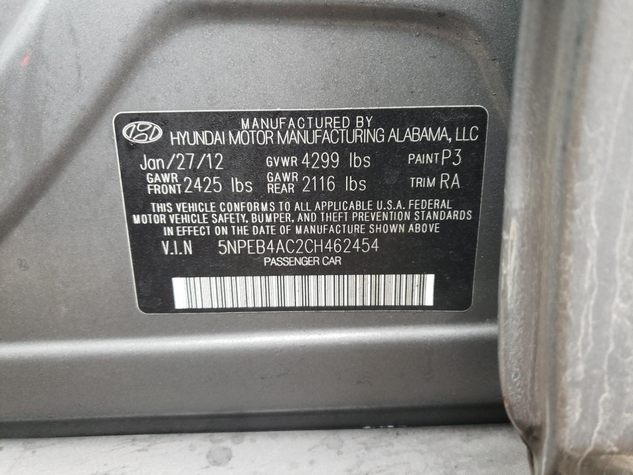 Photo 10 from auction – 2012 HYUNDAI SONATA GLS with VIN 5NPEB4AC2CH462454