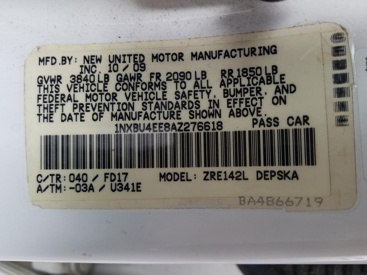 Photo 10 from auction – 2010 TOYOTA COROLLA BA with VIN 1NXBU4EE8AZ276618