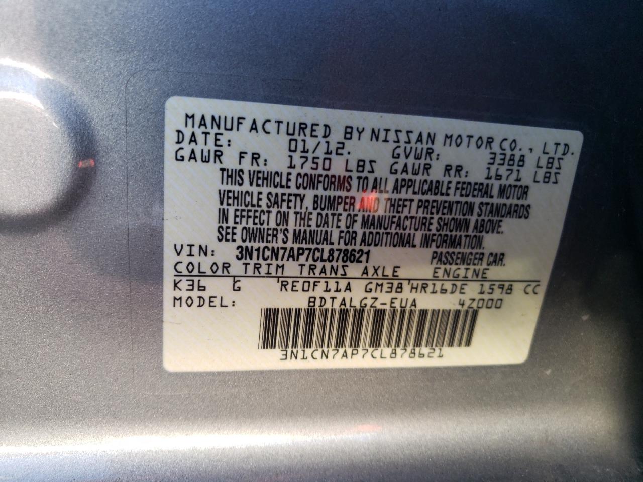 Photo 10 from auction – 2012 NISSAN VERSA S with VIN 3N1CN7AP7CL878621