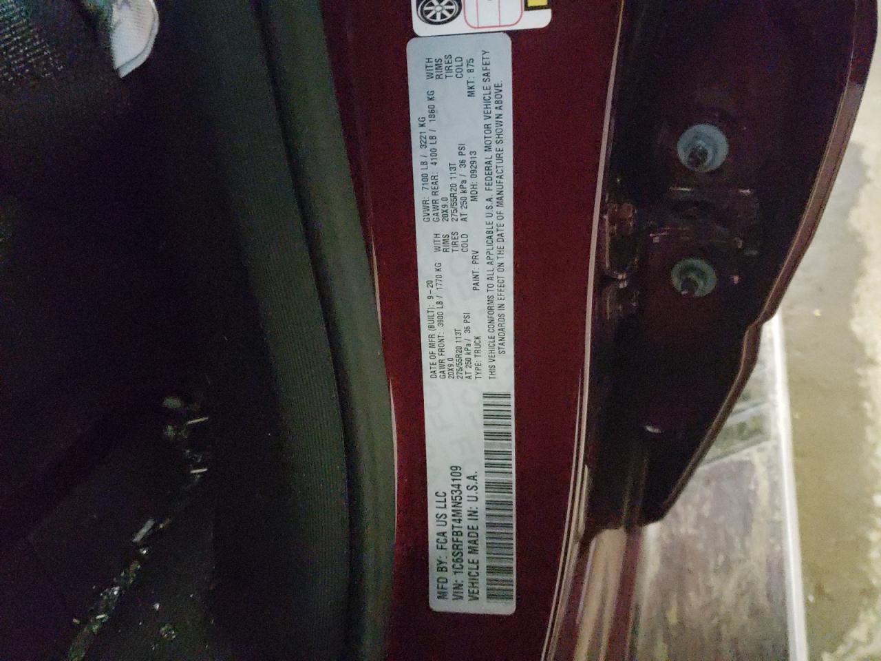 Photo 10 from auction – 2021 RAM 1500 BIG H with VIN 1C6SRFBT4MN534109