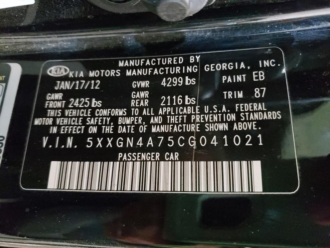 Photo 10 from auction – 2012 KIA OPTIMA EX with VIN 5XXGN4A75CG041021