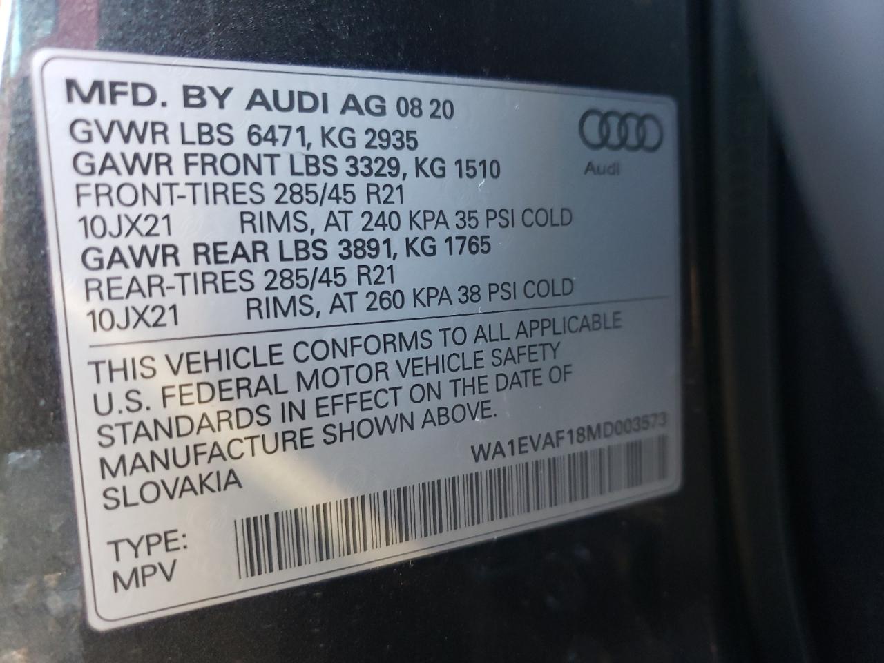 Photo 10 from auction – 2021 AUDI Q8 PREMIUM with VIN WA1EVAF18MD003573
