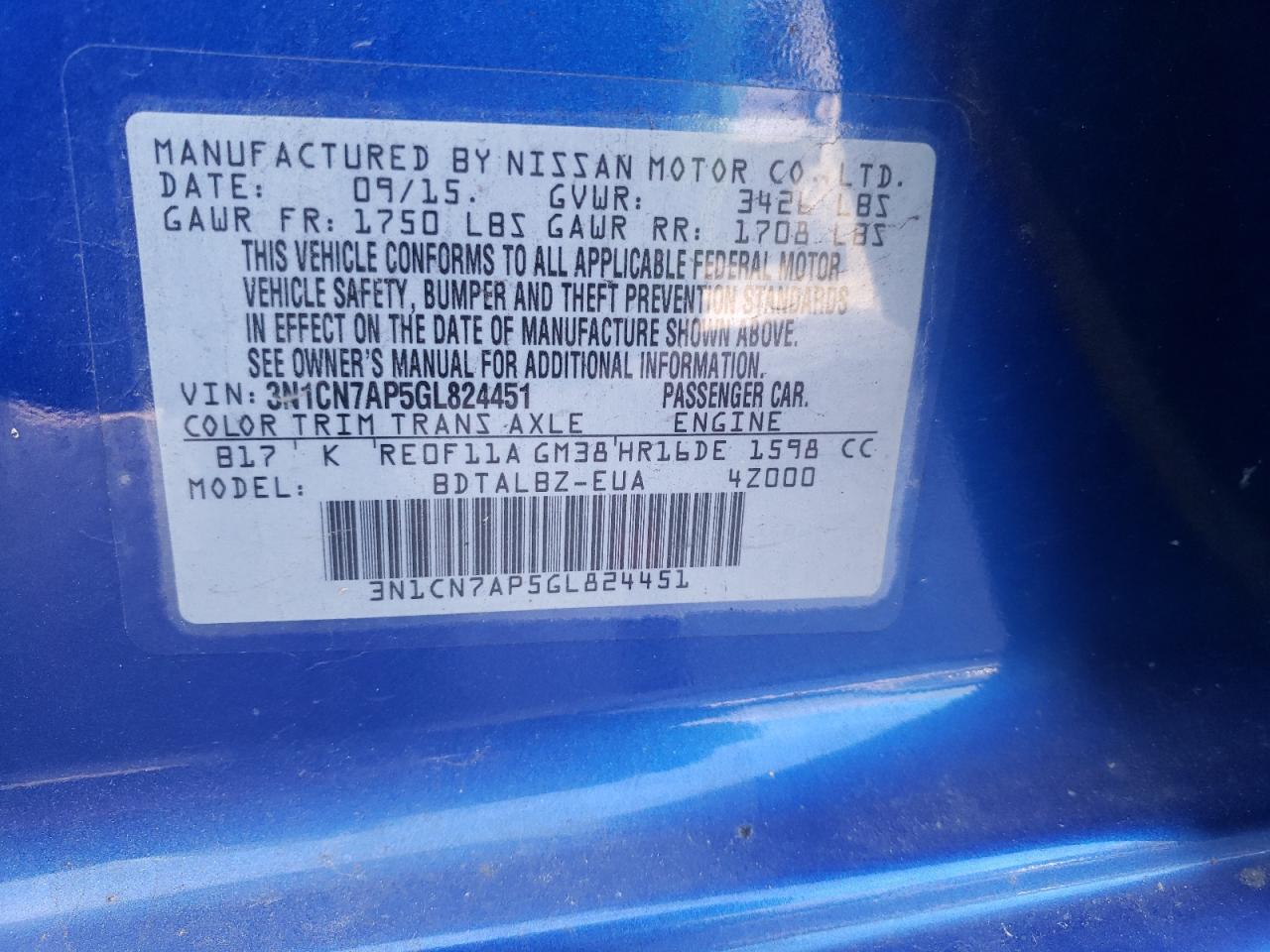 Photo 10 from auction – 2016 NISSAN VERSA S with VIN 3N1CN7AP5GL824451