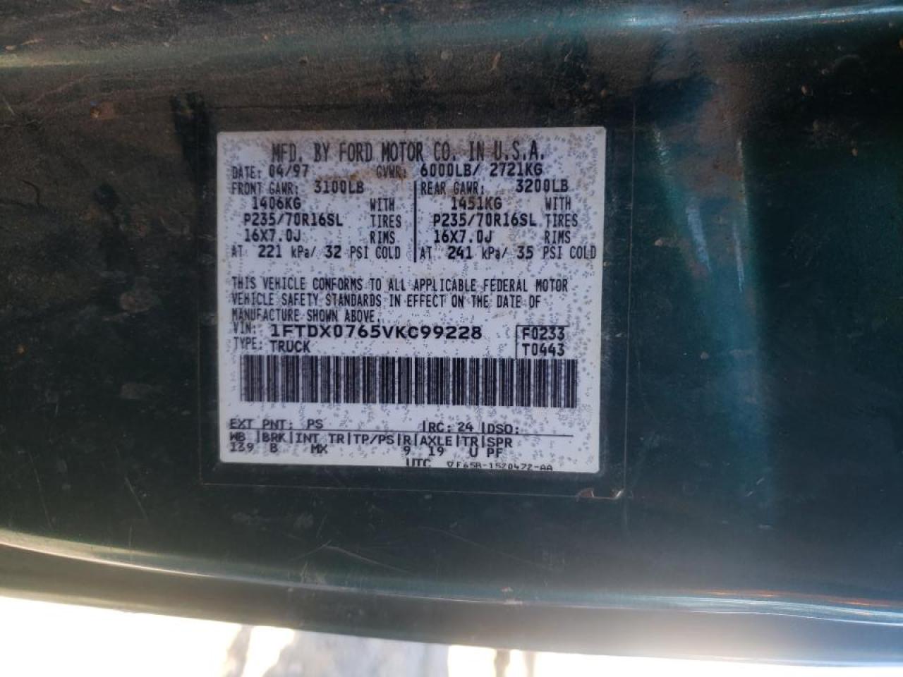 Photo 10 from auction – 1997 FORD F150 with VIN 1FTDX0765VKC99228