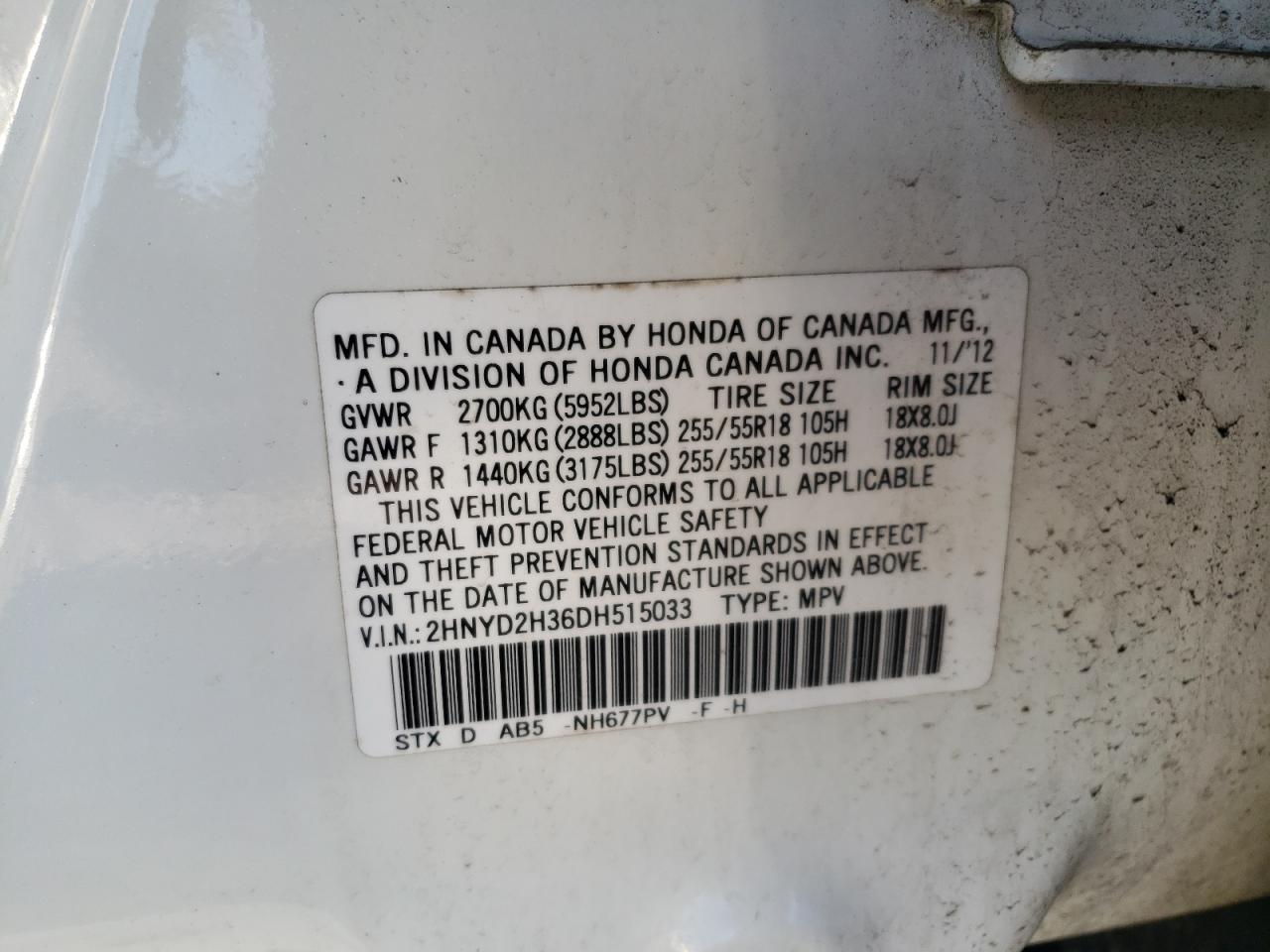 Photo 10 from auction – 2013 ACURA MDX TECHNO with VIN 2HNYD2H36DH515033