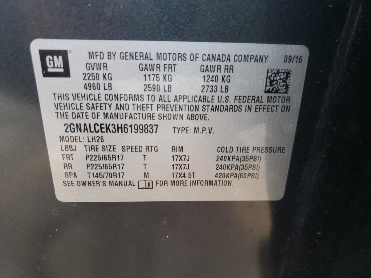 Photo 10 from auction – 2017 CHEVROLET EQUINOX LT with VIN 2GNALCEK3H6199837