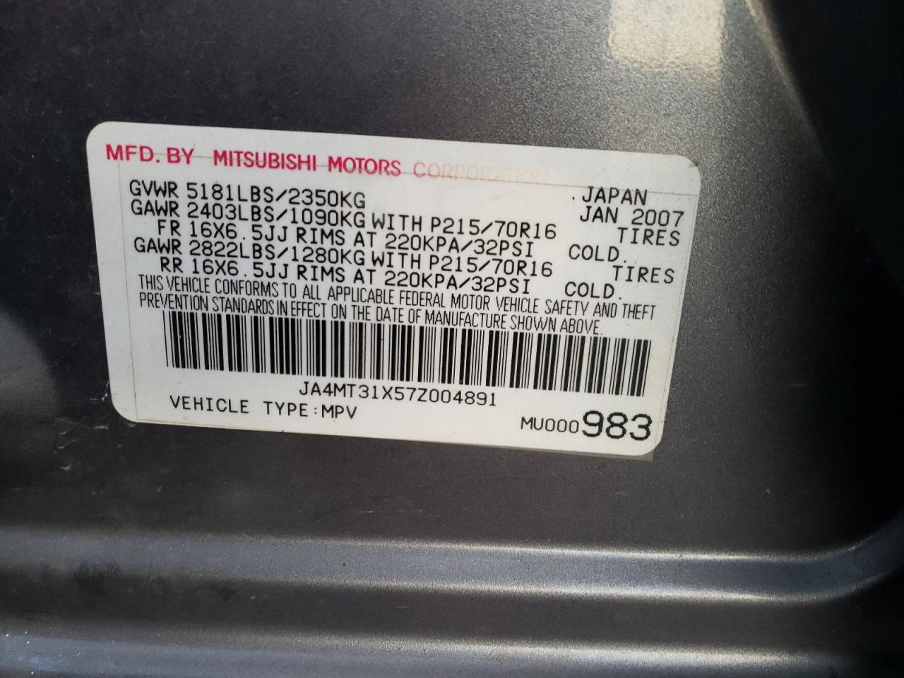 Photo 10 from auction – 2007 MITSUBISHI OUTLANDER with VIN JA4MT31X57Z004891