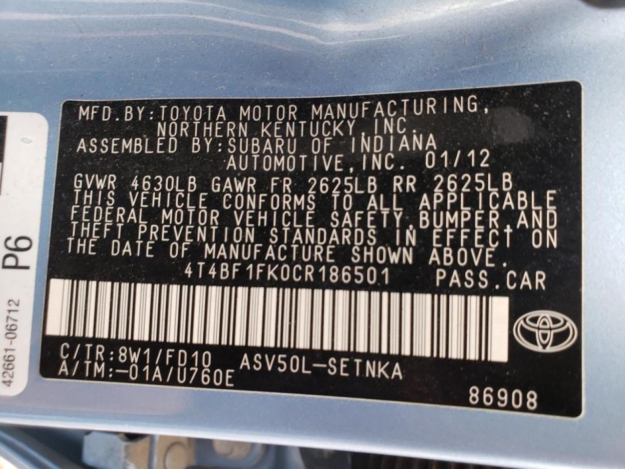 Photo 10 from auction – 2012 TOYOTA CAMRY BASE with VIN 4T4BF1FK0CR186501