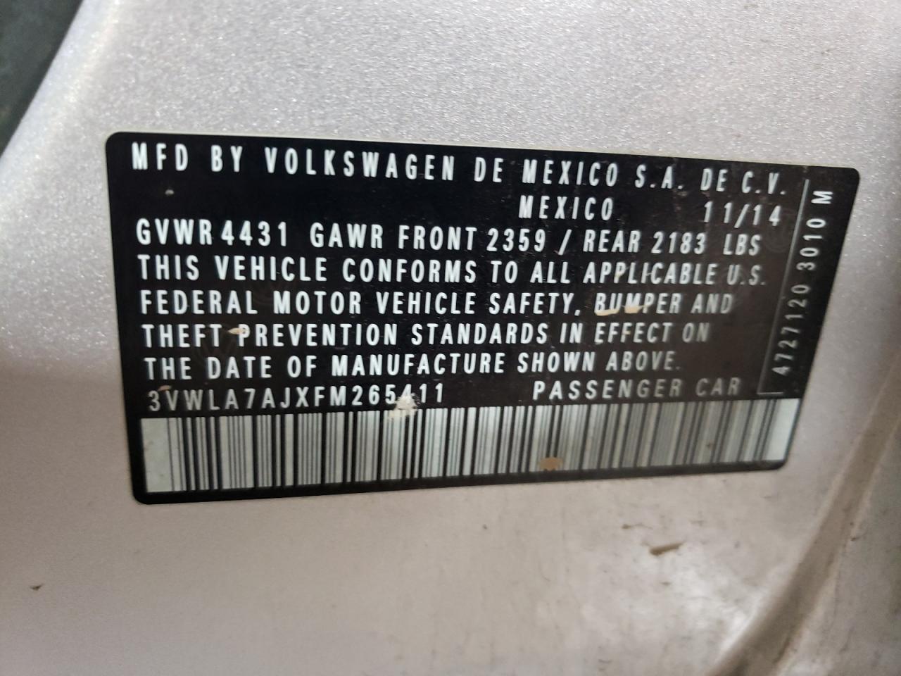 Photo 10 from auction – 2015 VOLKSWAGEN JETTA with VIN 3VWLA7AJXFM265411