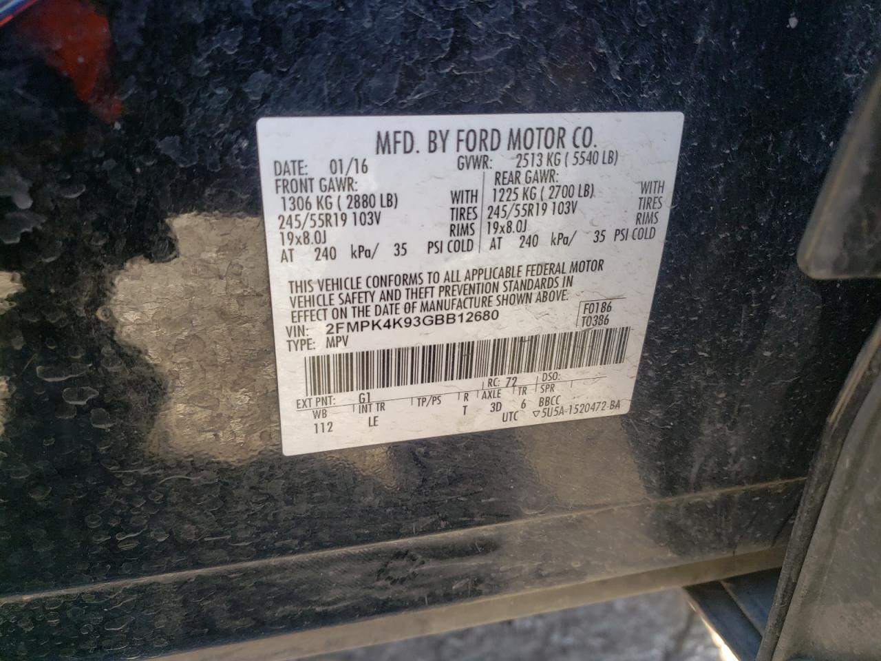 Photo 10 from auction – 2016 FORD EDGE TITAN with VIN 2FMPK4K93GBB12680
