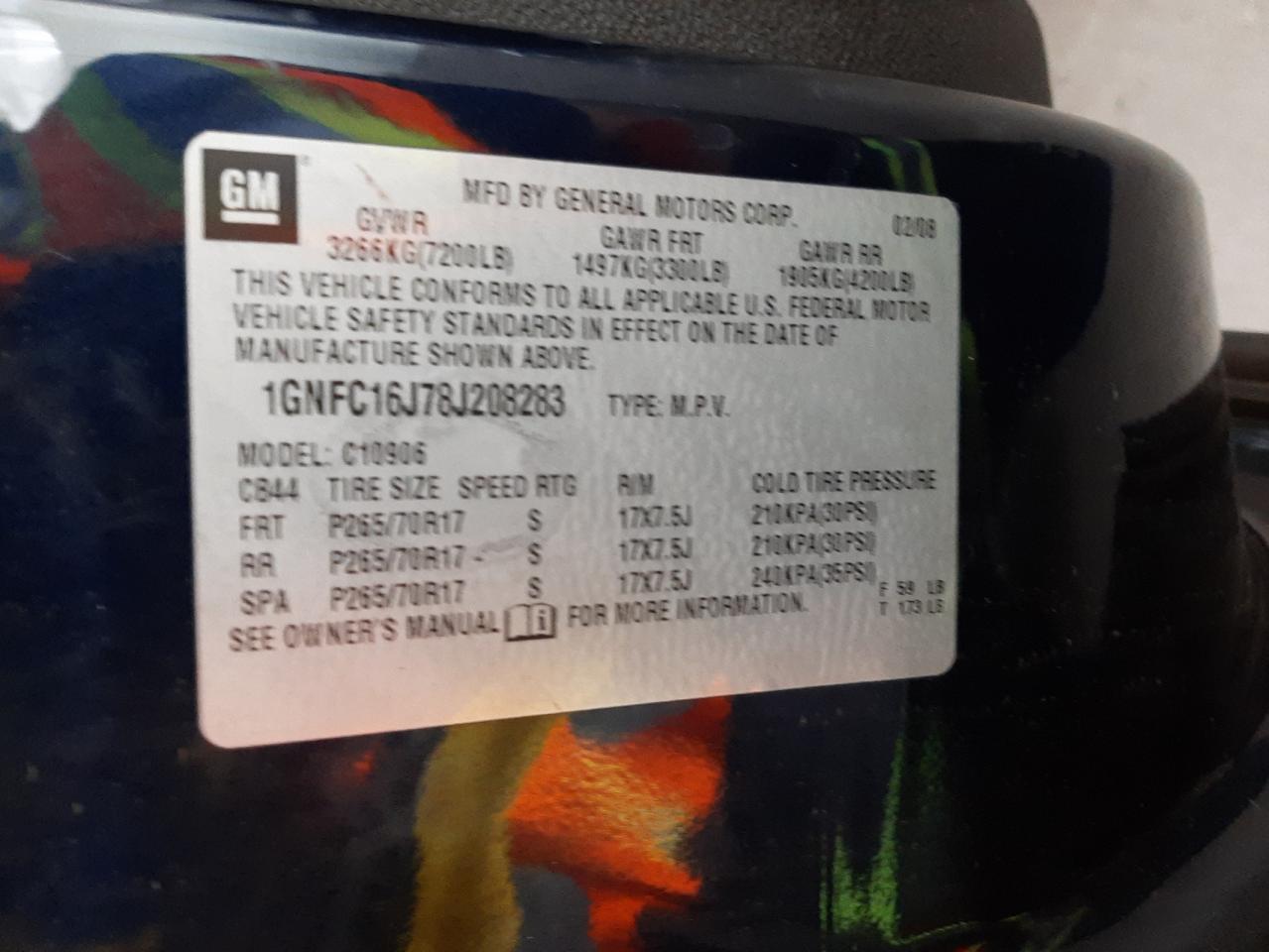 Photo 10 from auction – 2008 CHEVROLET SUBURBAN C with VIN 1GNFC16J78J208283