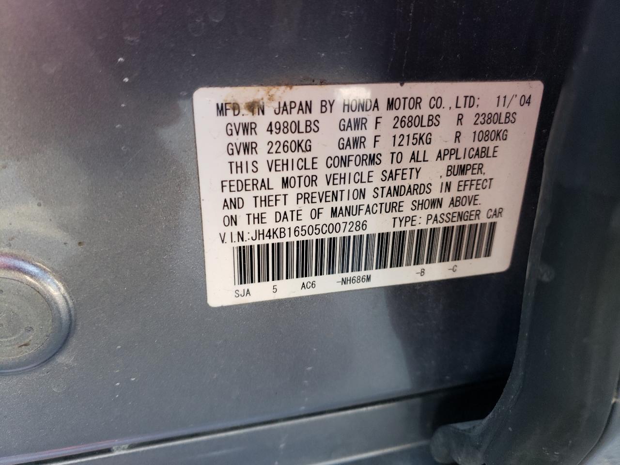 Photo 10 from auction – 2005 ACURA RL with VIN JH4KB16505C007286