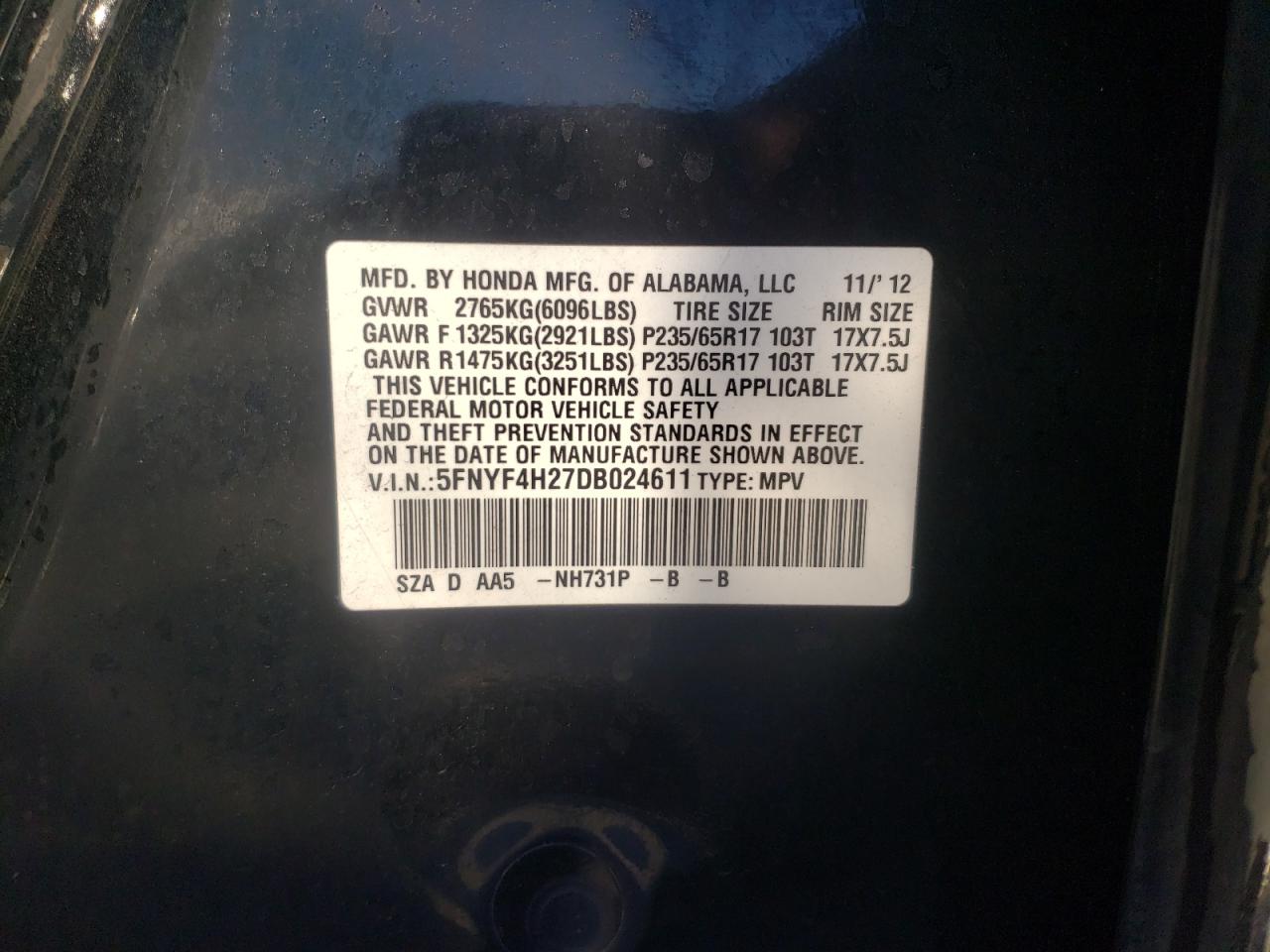 Photo 10 from auction – 2013 HONDA PILOT LX with VIN 5FNYF4H27DB024611