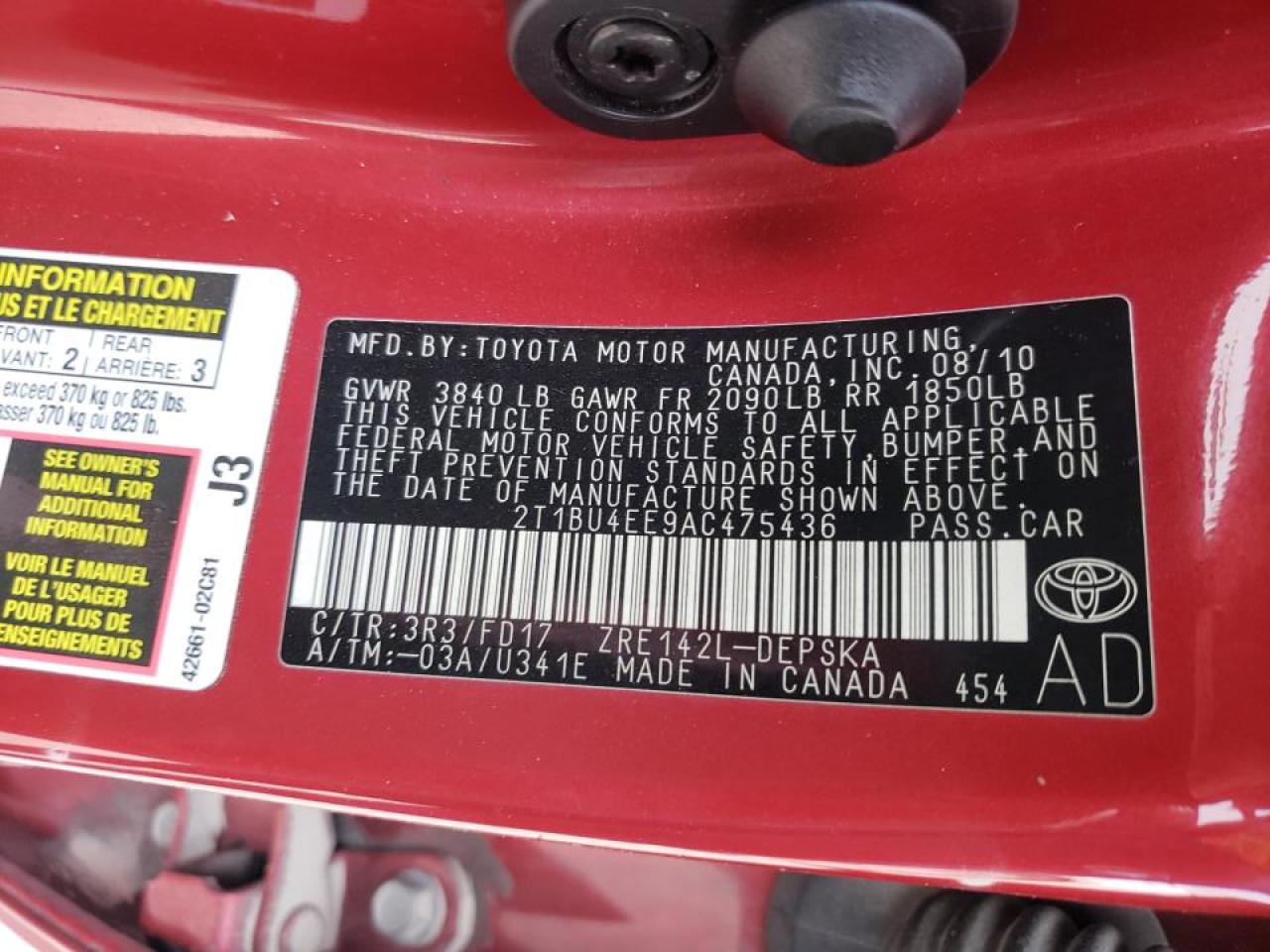 Photo 10 from auction – 2010 TOYOTA COROLLA BA with VIN 2T1BU4EE9AC475436