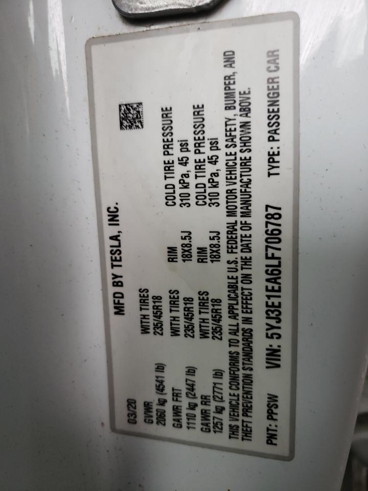 Photo 10 from auction – 2020 TESLA MODEL 3 with VIN 5YJ3E1EA6LF706787